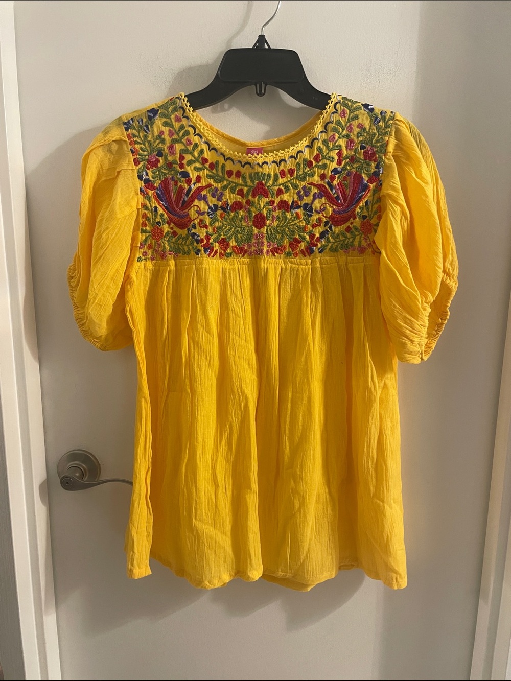 NWT Raj med Yellow Embroidered floral birds  cotton Gauze S/S top blouse $62.50